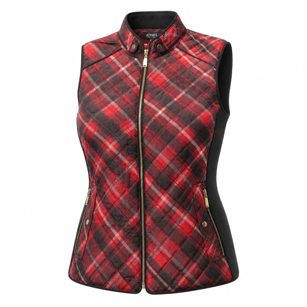 Jones New York Red Plaid Quilted Vest Mock Neck Gold Zip Size Medium